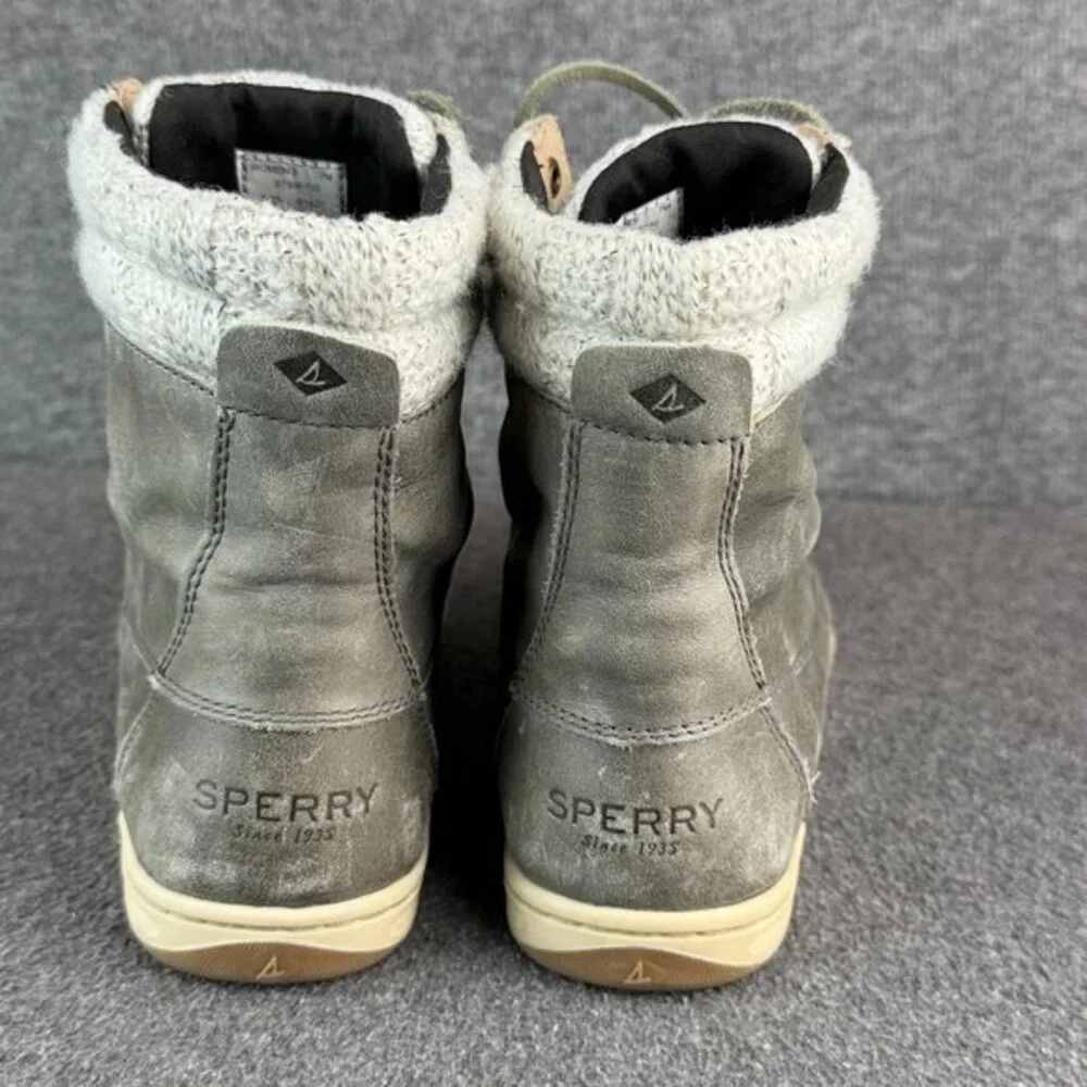 Sperry Topsider Gray Leather Lace Up‎ Sweater Cuff Distressed Ankle Boots  7M